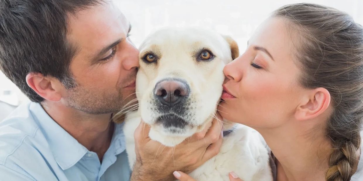 A man and woman kiss a white dog on each cheek affectionately.