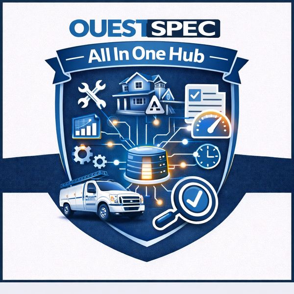 OUESTSPEC All In One Hub logo with icons and service van illustration.