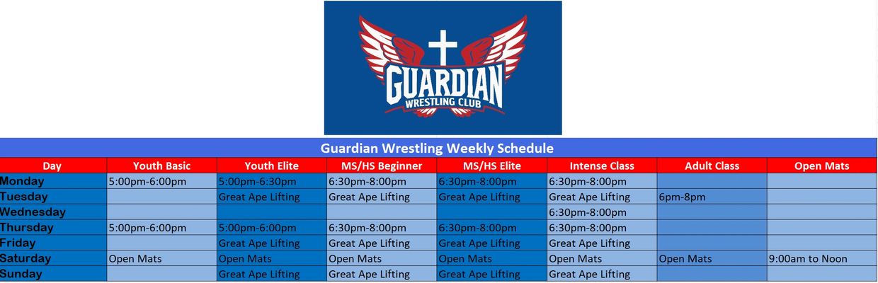 Weekly schedule for Guardian Wrestling Club classes and open mats.