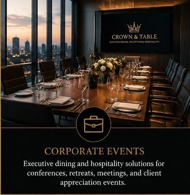 Elegant corporate dining setup for executive events with city views.