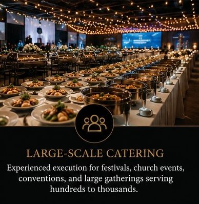 Large-scale catering setup with buffet trays and plates under string lights.