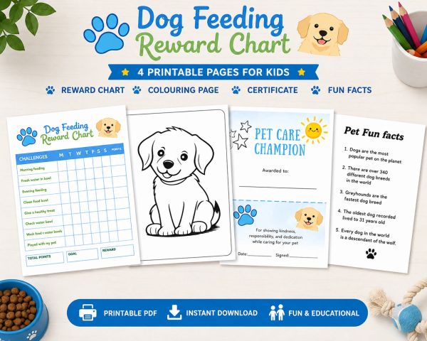 Dog feeding reward chart kit for kids with tracking, coloring, certificate, and fun facts.