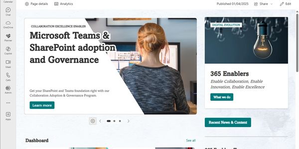 Sample SharePoint Intranet embedded in Microsoft Teams showing a number webparts