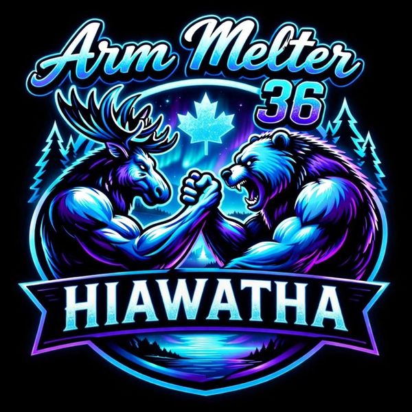 A fierce arm wrestling match between a muscular moose and bear with 'Arm Melter 36 Hiawatha' text.