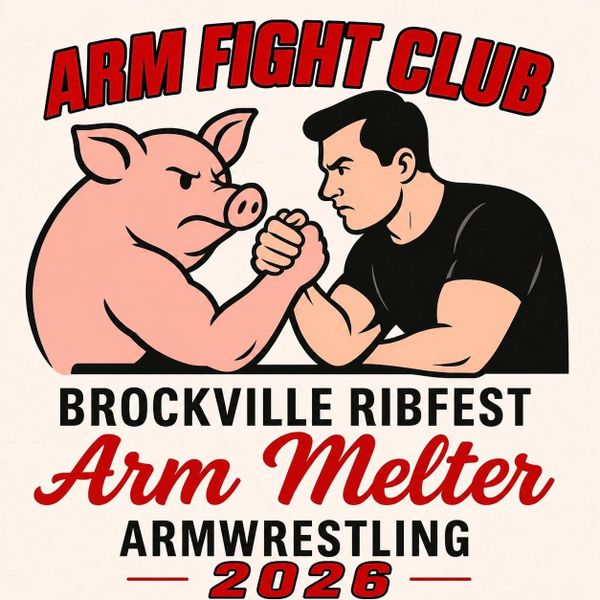 Illustration of a pig and man arm wrestling for Brockville Ribfest 2026.