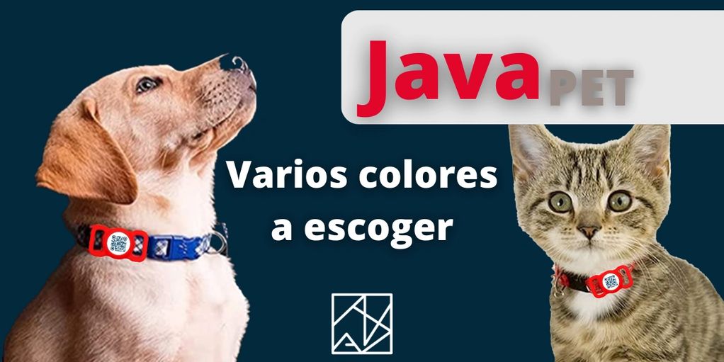 Dog and cat wearing colorful collars advertised by Java Pet.