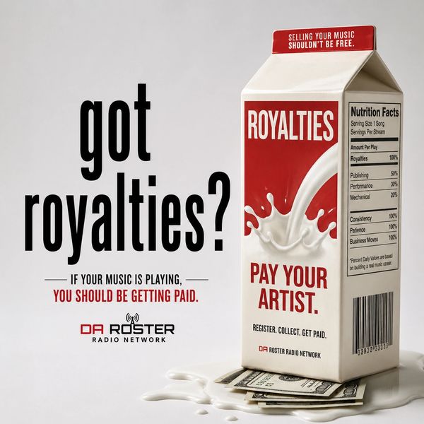 Milk carton labeled 'ROYALTIES' urges music artists to get paid.
