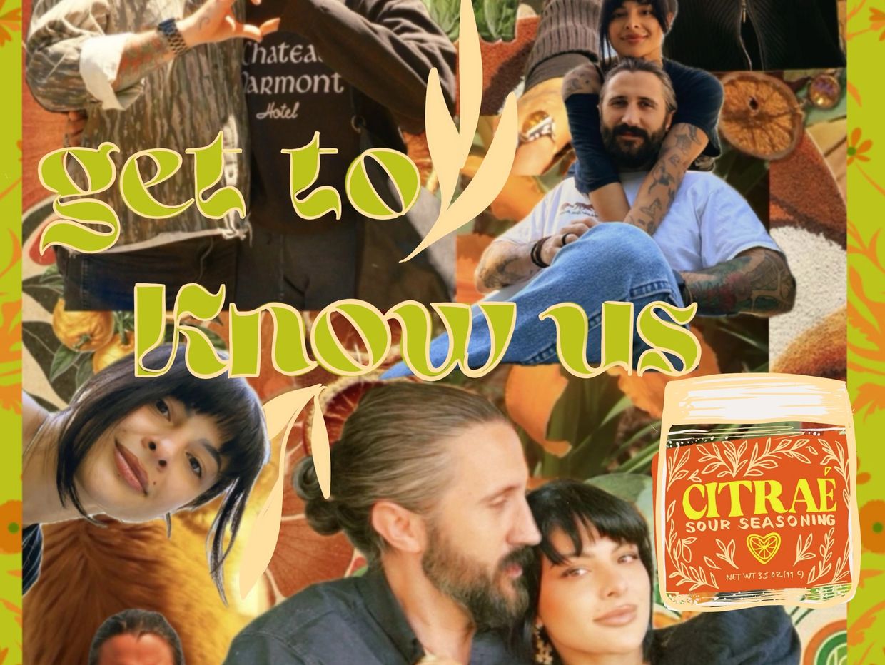 Collage of couples with text "get to know us" and a seasoning jar labeled CITRAE.