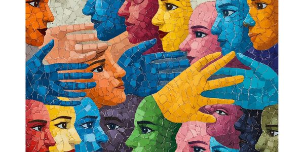 Colorful mosaic faces and hands overlapping in an abstract pattern.