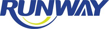 Logo with the word RUNWAY in bold blue letters and a yellow curved line underneath.