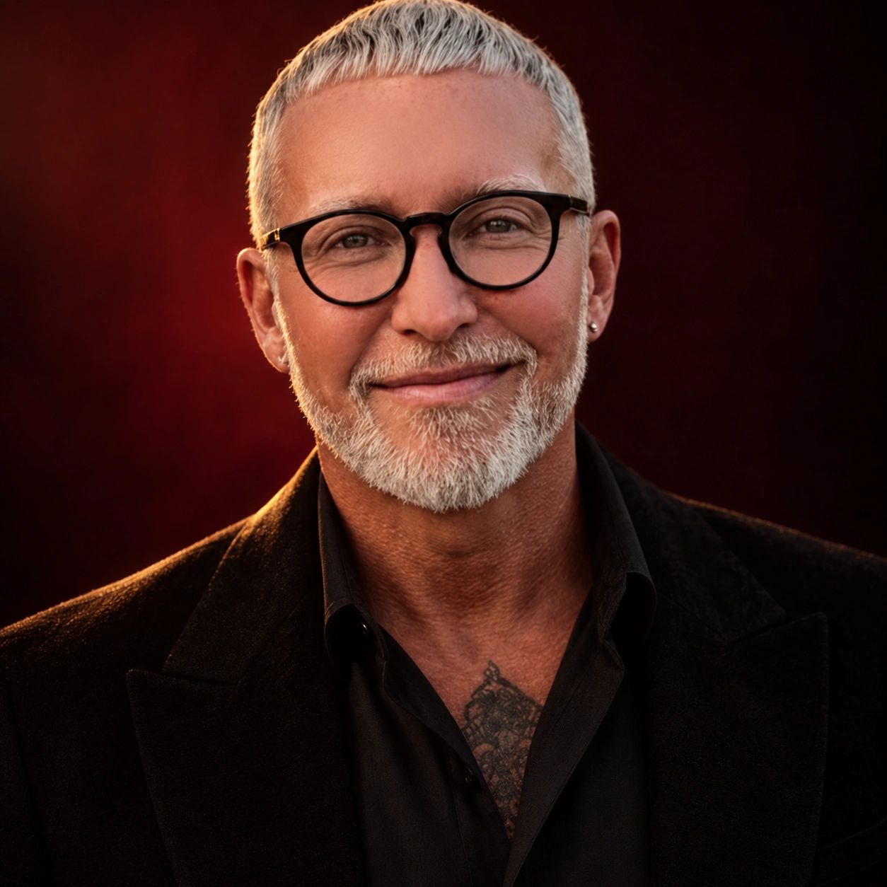 Smiling man with glasses and white beard in warm lighting.