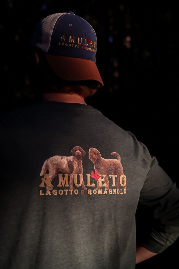 Person wearing a cap and shirt with Amuleto Lagotto Romagnolo dog designs.