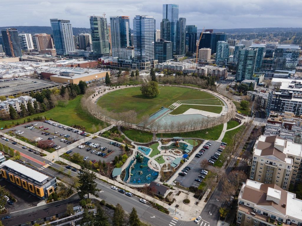 Bellevue Park and downtown Bellevue with tall skyscrapers in the distance. Photo by Spicypepper99