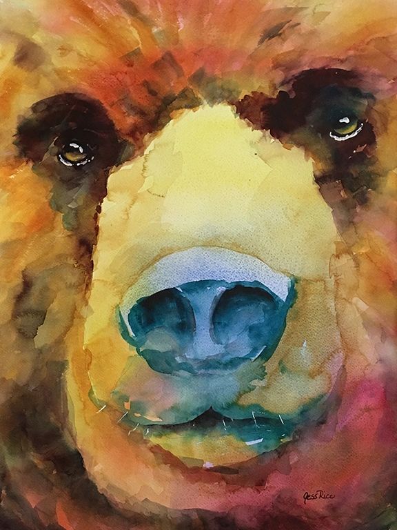 Colorful watercolor painting of a bear's face with expressive eyes.