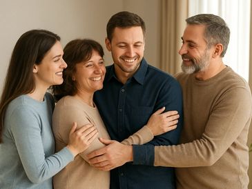 Happy family of four embracing and smiling together indoors.
