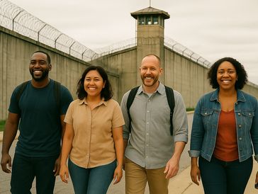 Four diverse adults walking and smiling outside a prison facility.