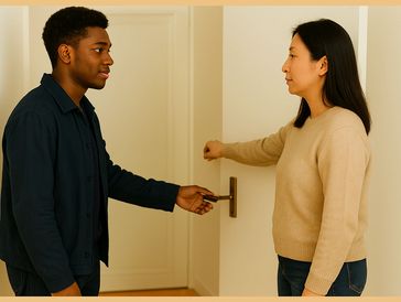 A woman knocks on a door while a man opens it, greeting each other.