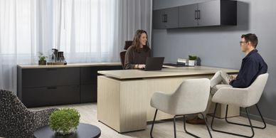 Two people having a professional meeting in a modern office.