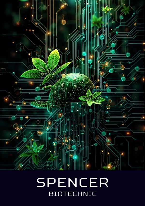 A futuristic beetle with plant elements on a glowing circuit board background.