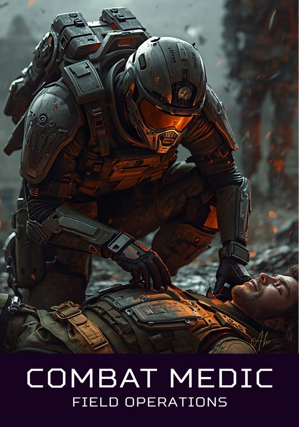 A combat medic tends to an injured soldier in a battlefield setting.