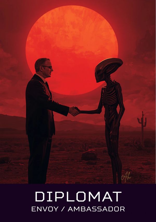 A man shakes hands with an alien under a large red sun in a desert.