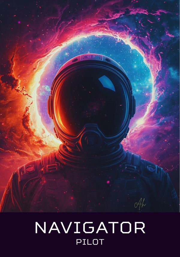 Astronaut pilot standing against a vibrant cosmic nebula backdrop.