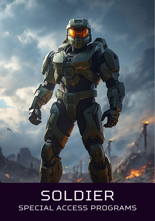 Futuristic soldier in advanced armor stands against a smoky battlefield.