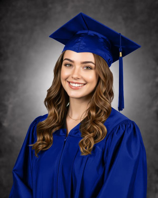 Young woman in blue graduation cap and gown smiling.