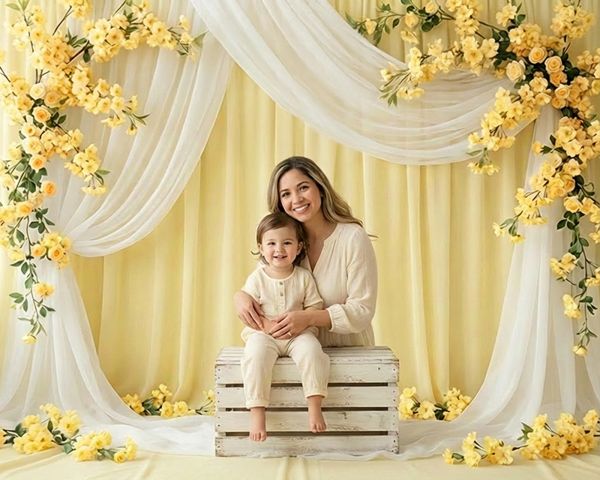 Mother and child smiling together in a floral, yellow-themed photo setup.