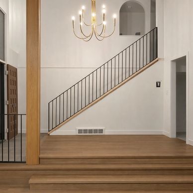 Minimalist entryway with wood flooring and black metal railing.