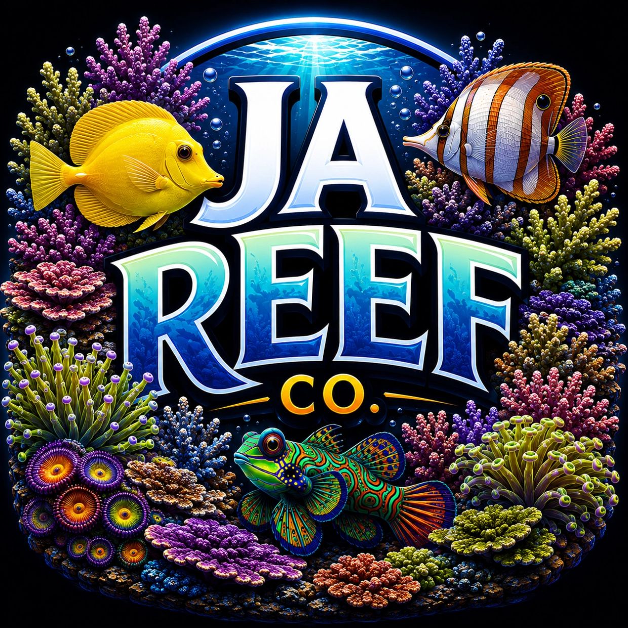 Vibrant underwater scene with colorful fish and coral surrounding 'JA REEF CO.' text.