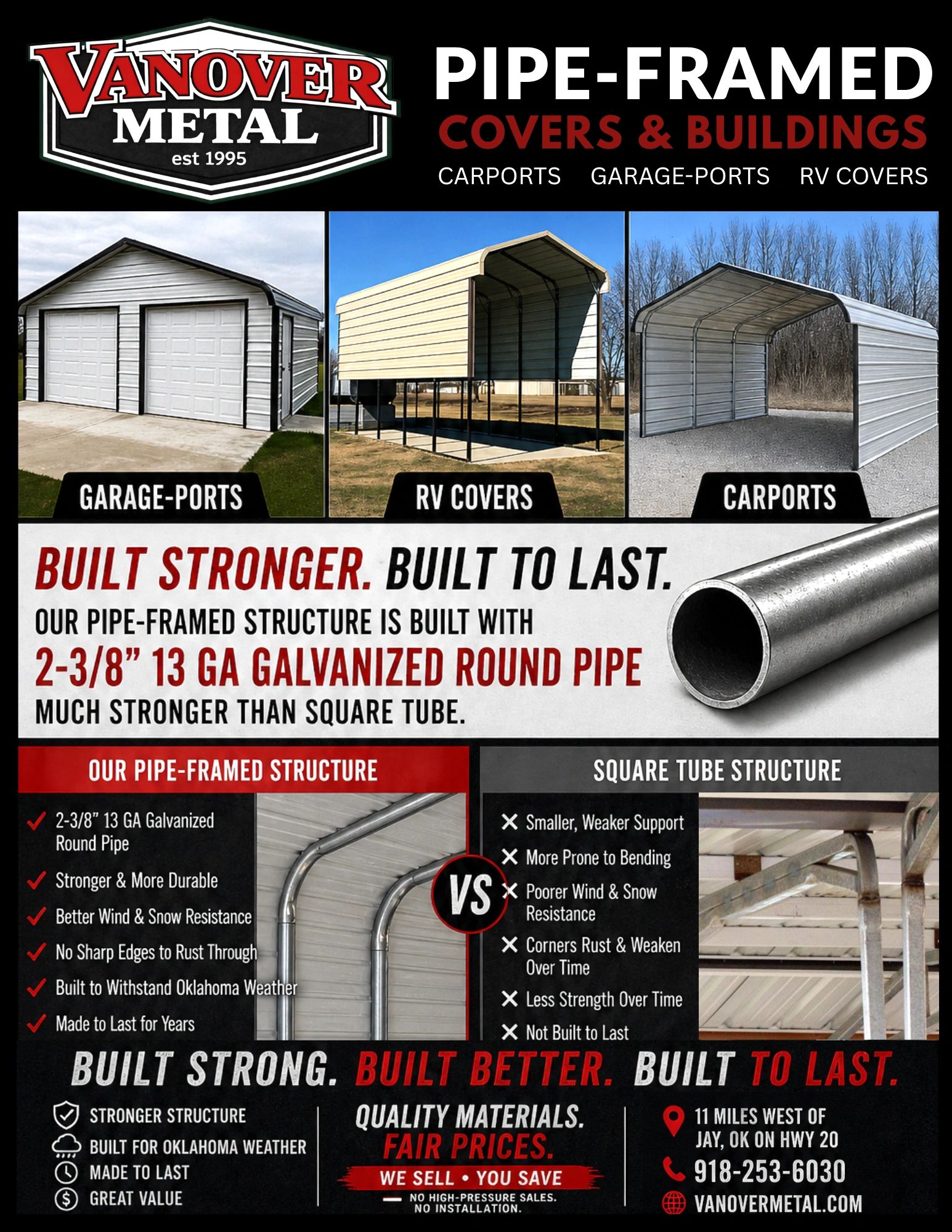 Vanover Metal pipe-framed covers for garages, RVs, and carports built stronger with galvanized round pipe.