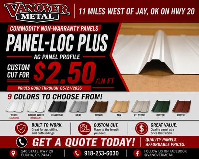 Advertisement for Vanover Metal's custom cut Panel-Loc Plus metal panels.