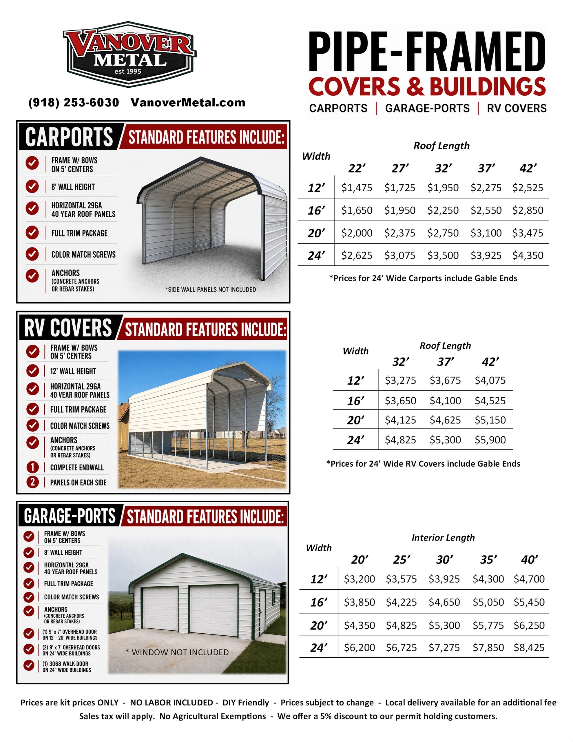 Vanover Metal offers pipe-framed carports, RV covers, and garage-ports with detailed pricing and features.