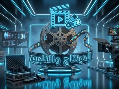 A high-tech film production studio with Arabic text.