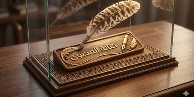 Decorative plaque with Arabic calligraphy and a feather pen.