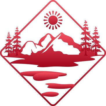 Red mountain landscape with trees and sun in a diamond frame.