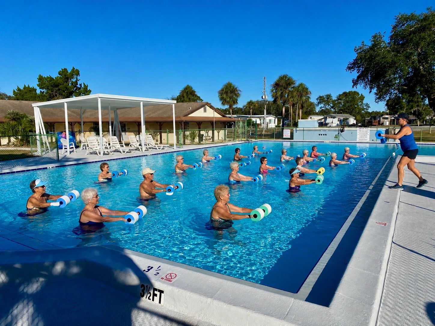 Group of seniors doing water aerobics in an outdoor pool.