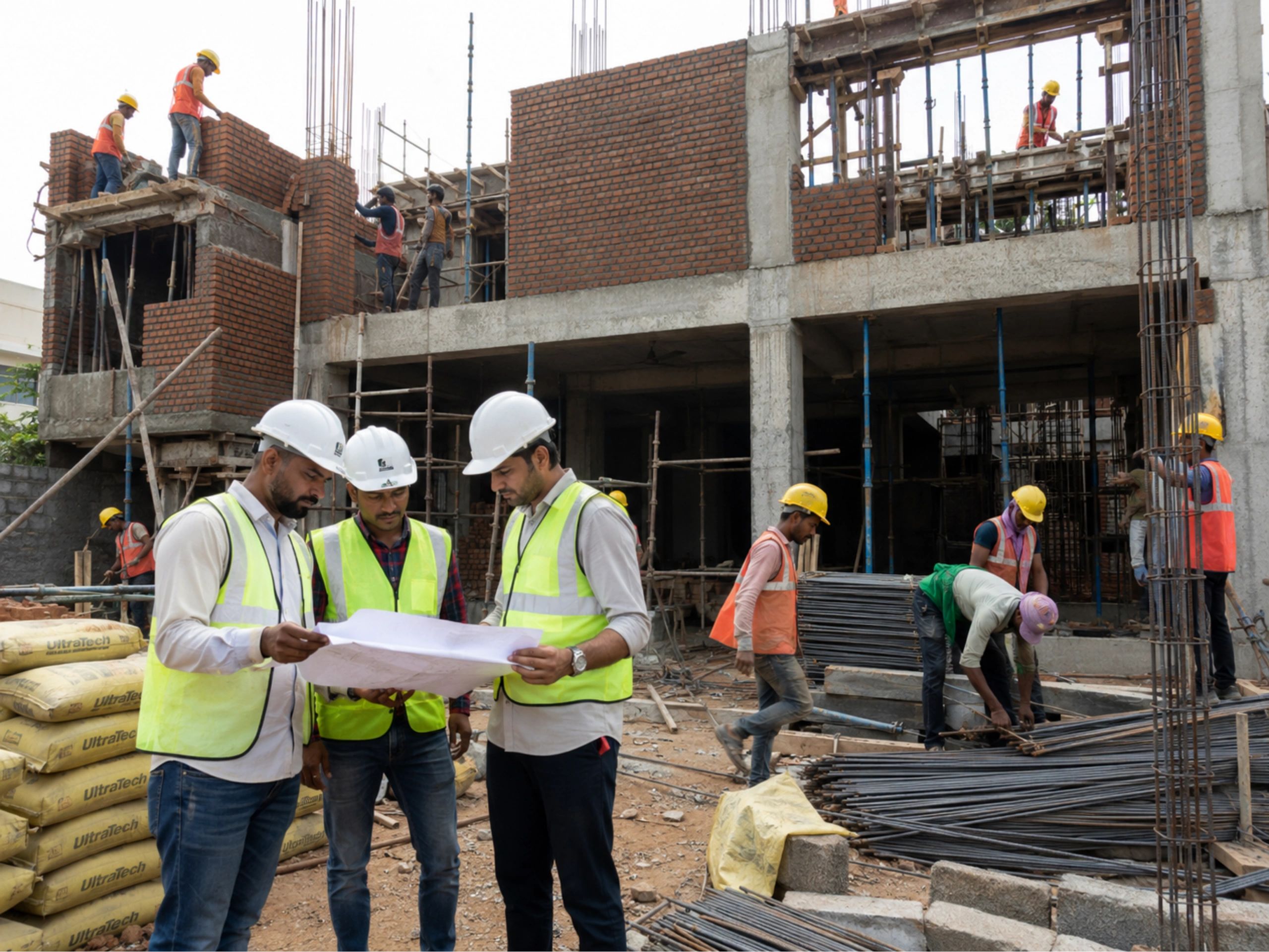 Construction workers and engineers at a building site.