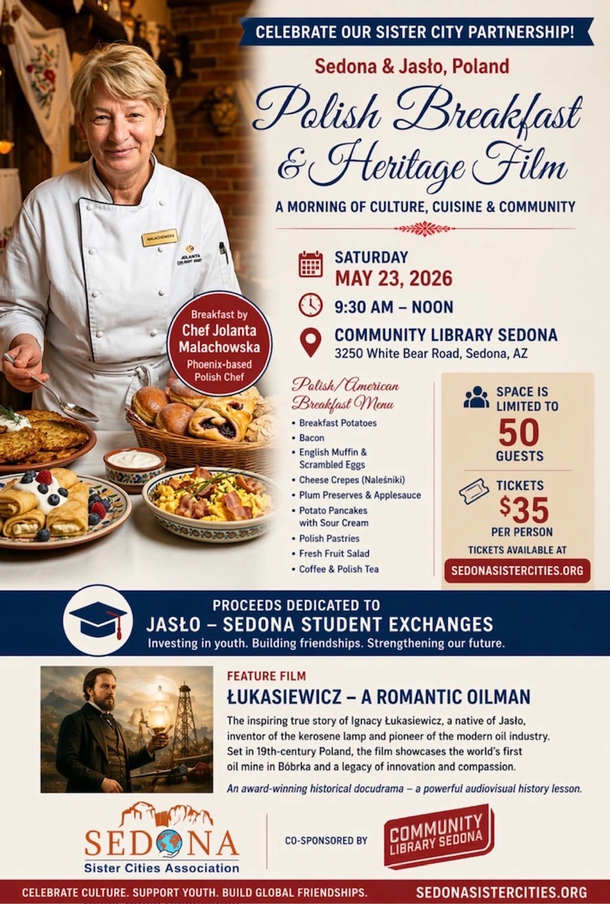 Polish Breakfast &amp; Heritage Film event with Chef Jolanta Malachowska in Sedona, May 23, 2026.