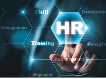 Finger pressing HR button on futuristic digital interface.