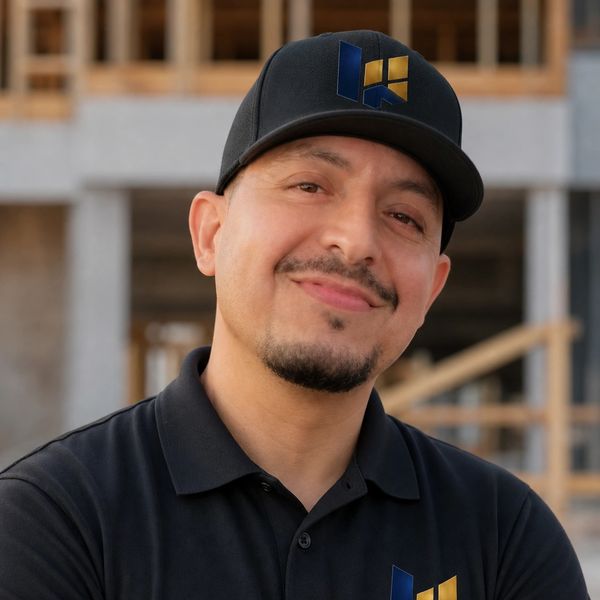 Smiling man wearing a black cap and polo shirt with logos.