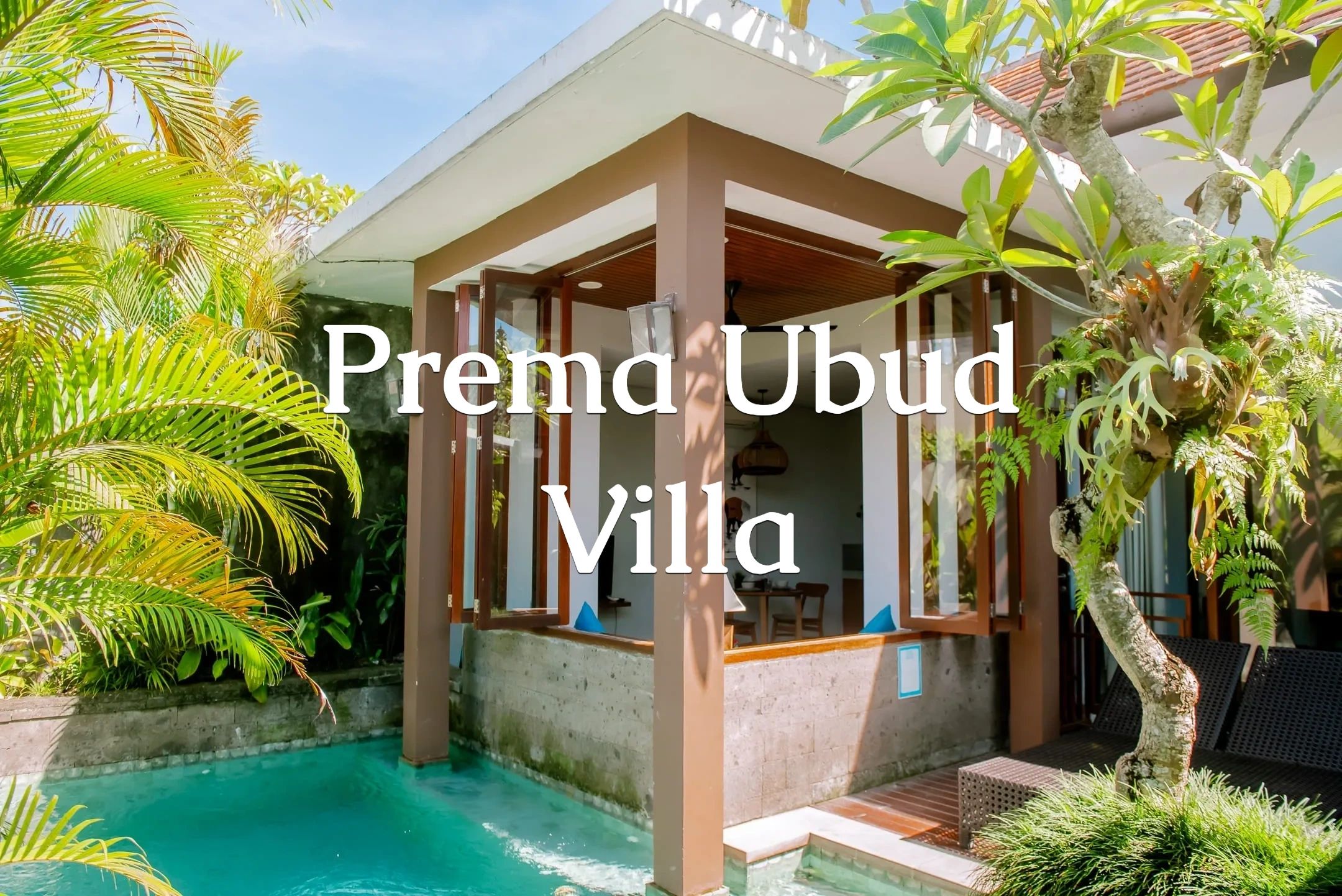 Cozy villa with open windows and a private pool surrounded by lush greenery.