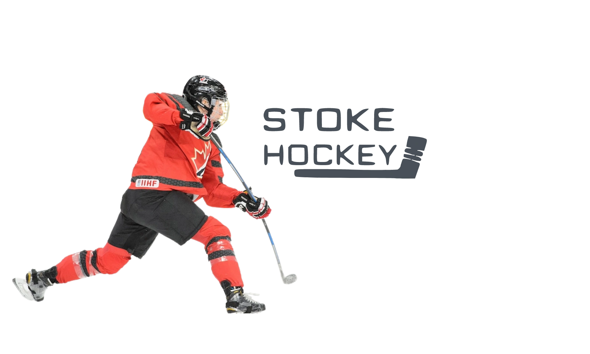 Jocelyne Larocque, Olympic Hockey Player shooting a puck. Stoke hockey logo