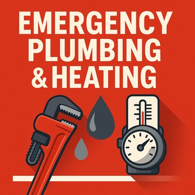 Emergency plumbing and heating services with wrench and thermometer icons.
