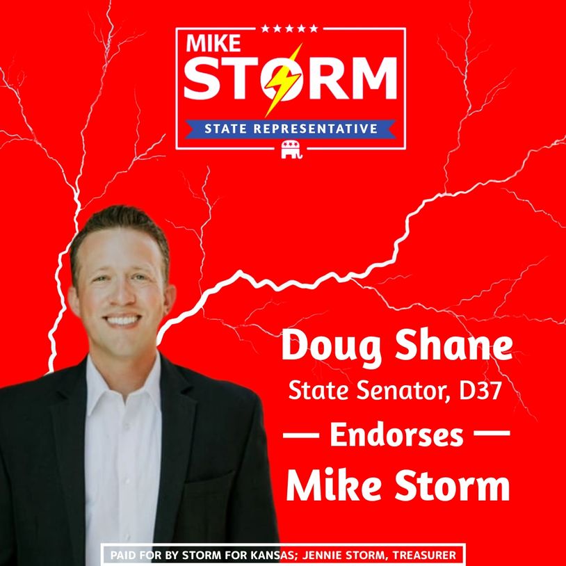 Doug Shane endorses Mike Storm for State Representative against a striking red background.