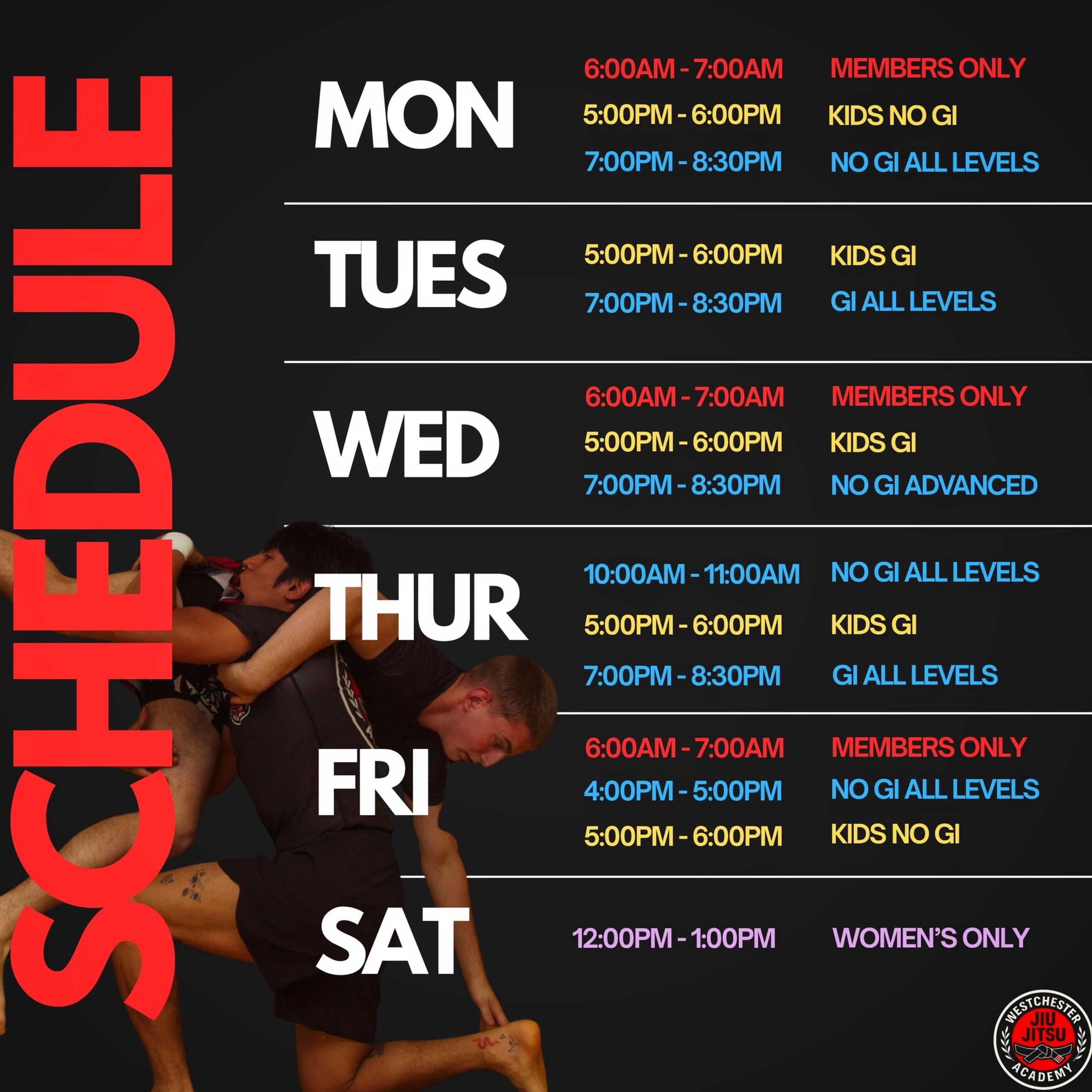 Weekly schedule for Brazilian Jiu-Jitsu classes with various levels and groups.