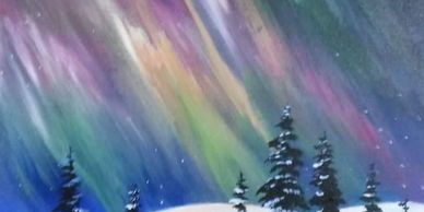 Painting of the northern lights with pine trees.