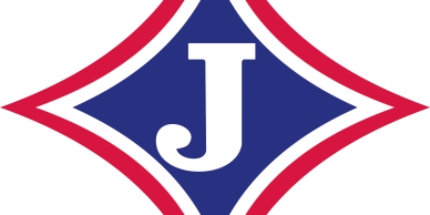 Logo with a white letter J inside a blue diamond shape with red and white borders.