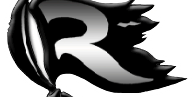 A stylized black and gray flag with a large letter R.
